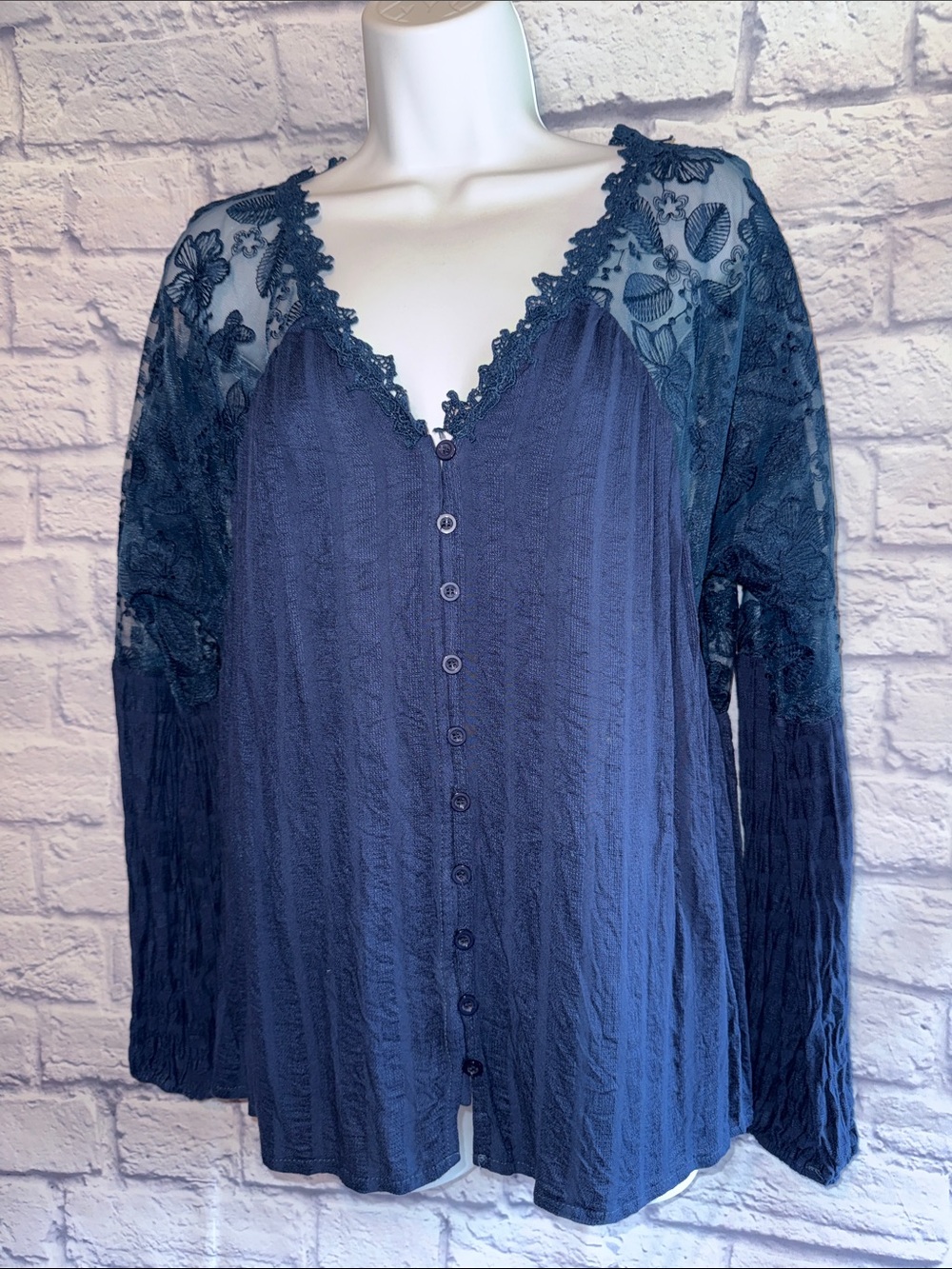 Navy Blue Lace-Trim Button Front Blouse
